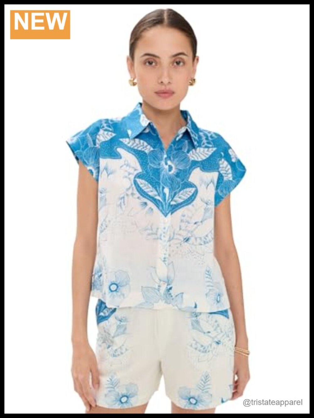 Collared Short Sleeve Blouse Lightweight Cotton-Linen Tropical Print Button